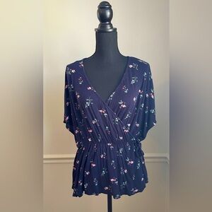 H&M Blue Floral V Neck Mock Wrap Top Blouse Size L